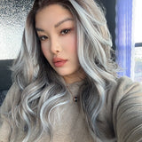 JBEXTENSION 20 Inches Brown with Grey Highlight Curly Fiber X, Tangle Less Pre-Cut Free Part Frontlae Glueless Wig ALESSANDRA GREY