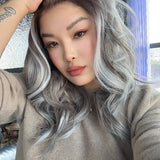 JBEXTENSION 20 Inches Brown with Grey Highlight Curly Fiber X, Tangle Less Pre-Cut Free Part Frontlae Glueless Wig ALESSANDRA GREY