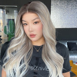 JBEXTENSION 26 Inches Curly Ash Blonde with Dark Root Pre-Cut Frontlace Glueless Wig MONICA