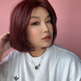 JBEXTENSION 12 Inches Bob Cut Dark Red Pre-Cut Snowflake Lace Frontlace Glueless Wig KHLOE DARK RED【PERMATEASE】【BENDY EAR TABS】- M/L