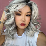 JBEXTENSION KERRY MONO Monofilament Handmade Wig 6X5 Full Monofilament Hand Tied Top Wig 18 Inches Grey with Dark Root Mono Lace Wig With Anti-slip Silicone Strips Glueless Wig KERRY MONO【BENDY EAR TABS】