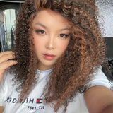 JBEXTENSION 16 Inches Deep Curly Black with Brown Highlight Pre-Cut Snowflake Lace Frontlace Glueless Wig GINA SNOWFLAKE【PERMATEASE】【BENDY EAR TABS】