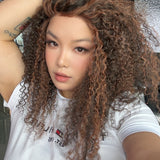 JBEXTENSION 16 Inches Deep Curly Black with Brown Highlight Pre-Cut Snowflake Lace Frontlace Glueless Wig GINA SNOWFLAKE【PERMATEASE】【BENDY EAR TABS】