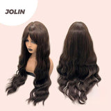 JBEXTENSION 32 Inches Extra Long Body Wave Nature Brown Wig With Bangs JOLIN