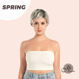 JBEXTENSION Pixie Cut Silver Half Real Human Hair Half Futura Fiber Fashion Women Wig SPRING