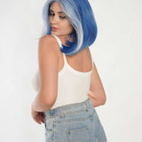 JBEXTENSION 12 Inches Bob Cut Blue With White Highlight Free Part Pre-Cut Frontlace Glueless Wig DOLPHIN