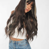 JBEXTENSION 26 Inches Body Wave Natural Black With Blonde Highlight Hair With Full Bangs Wig KHLOE