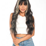 JBEXTENSION 26 Inches Body Wave Natural Black With Blonde Highlight Hair With Full Bangs Wig KHLOE