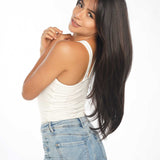 JBEXTENSION 26 Inches Scalpiana Tea Black Darkest Brown Wolf Cut 3.5X4 Hard Silky Top Natural Scalp Effect Wig With Bangs ELLIE SILK TOP