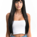 JBEXTENSION 24 Inches Long Straight Jet Black Wig With Bangs LUNA