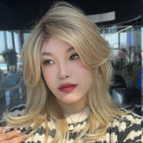 JBEXTENSION 18 Inches Blonde Curly Women Fashion Full Machine Wig With Bangs LORNA【PLUS PERMATEASE】【BENDY EAR TABS】