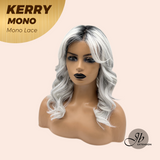 JBEXTENSION KERRY MONO Monofilament Handmade Wig 6X5 Full Monofilament Hand Tied Top Wig 18 Inches Grey with Dark Root Mono Lace Wig With Anti-slip Silicone Strips Glueless Wig KERRY MONO【BENDY EAR TABS】