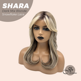 JBEXTENSION 17 Inches Curly Dark Mix Blonde Pre-Cut T Part Snowflake Lace Frontlace Glueless Wig SHARA DARK MIX BLONDE【BENDY EAR TABS】