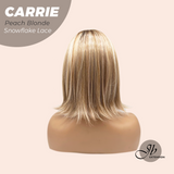 JBEXTENSION 11 Inches Short Hair Peach Blonde Pre-Cut T Part Snowflake Lace Frontlace Glueless Wig with Bangs CARRIE PEACH BLONDE【BENDY EAR TABS】