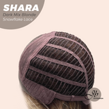 JBEXTENSION 17 Inches Curly Dark Mix Blonde Pre-Cut T Part Snowflake Lace Frontlace Glueless Wig SHARA DARK MIX BLONDE【BENDY EAR TABS】