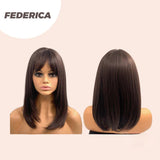 JBEXTENSION 16 Inches Short Bob Cut Cold Brown Wig With Bangs FEDERICA