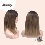 JBEXTENSION Pelucas ombré rectas JESSY de 15 pulgadas para mujer, raíz negra con pelo marrón, pelucas sintéticas con flequillo Romo