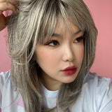 JBEXTENSION 18 Inches Ash Grey Wig with Bangs Women Fashion Full Machine Wig ANDREA【PLUS PERMATEASE】【BENDY EAR TABS】