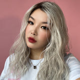 JBEXTENSION 18 Inches Wave Silver Wig with Dark Root Women Fashion Full Machine Wig BALLERINA【PLUS PERMATEASE】【BENDY EAR TABS】