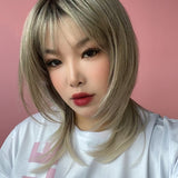 JBEXTENSION 18 Inches Ash Blonde White Wig with Bangs Women Fashion Full Machine Wig CASSANDRA【PLUS PERMATEASE】【BENDY EAR TABS】
