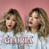 JBEXTENSION 14 Inches Curly Mix Blonde Wig with Bangs Pre-Cut T Part Snowflake Lace Frontlace Glueless Wig GLORIA MIX BLONDE