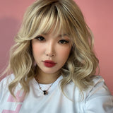 JBEXTENSION 14 Inches Curly Golden Blonde Wig with Bangs Pre-Cut T Part Snowflake Lace Frontlace Glueless Wig GLORIA GOLDEN BLONDE