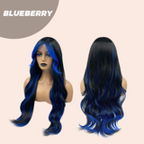 JBEXTENSION 28 Inches Long Black With Blue Highlight Wave Wig With Bangs BLUEBERRY