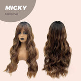JBEXTENSION 26 Inches Caramel Body Wave With Dark Root Wig With Bangs MICKY CARAMEL
