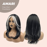 Get this look with our 18 Inches Black With White Highlight Pre-Cut Free Part Frontlae Wig AMARI