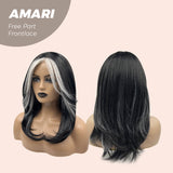 Get this look with our 18 Inches Black With White Highlight Pre-Cut Free Part Frontlae Glueless Wig AMARI