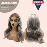 JBEXTENSION 20 Inches Brown with Grey Highlight Curly Fiber X, Tangle Less Pre-Cut Free Part Frontlae Glueless Wig ALESSANDRA GREY