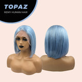 JBEXTENSION GEMSTONE COLLECTION 12 Inches Real Human Hair Light Blue Bob Cut Free Parting Wig TOPAZ