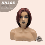 JBEXTENSION 12 Inches Bob Cut Dark Red Pre-Cut Snowflake Lace Frontlace Glueless Wig KHLOE DARK RED【PERMATEASE】【BENDY EAR TABS】- M/L