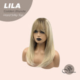 JBEXTENSION 20 Inches Scalpiana Blonde with Dark Root Wolf Cut 3.5X4 Hard Silky Top Natural Scalp Effect Wig With Bangs LILA GOLDEN BLONDE