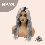 JBEXTENSION 22 Inches Grey Silver with Dark Root Women Fashion Full Machine Wig MAYA【PLUS PERMATEASE】【BENDY EAR TABS】