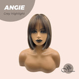 JBEXTENSION 12 Inches Bob Cut Dark Brown With Grey Highlight Wig With Bangs ANGIE GREY