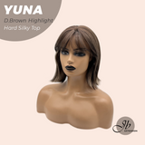 JBEXTENSION 12 Inches Scalpiana Dark Brown with Highlight 3.5X4 Hard Silky Top Natural Scalp Effect Women Wig With Bangs YUNA DARK BROWN HIGHLIGHT