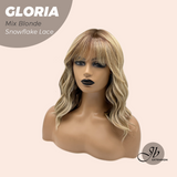 JBEXTENSION 14 Inches Curly Mix Blonde Wig with Bangs Pre-Cut T Part Snowflake Lace Frontlace Glueless Wig GLORIA MIX BLONDE