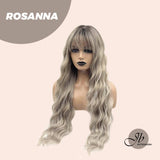 JBEXTENSION Peluca rubia gris mezclada de ondas corporales de 28 pulgadas de largo con flequillo ROSANNA