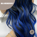 JBEXTENSION 28 Inches Long Black With Blue Highlight Wave Wig With Bangs BLUEBERRY