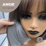JBEXTENSION 12 Inches Bob Cut Dark Brown With Grey Highlight Wig With Bangs ANGIE GREY