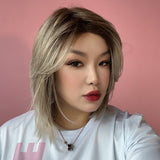 JBEXTENSION 14 Inches Mix Blonde with Dark Root Women Fashion Full Machine Wig TRACY【PLUS PERMATEASE】【BENDY EAR TABS】