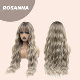 JBEXTENSION Peluca rubia gris mezclada de ondas corporales de 28 pulgadas de largo con flequillo ROSANNA