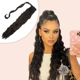 JBEXTENSION Long Corn Wave Ponytail Extension Magic Paste Heat Resistant Wavy Synthetic Wrap Around Ponytail Black Hairpiece for Women (22 Inch)