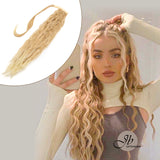 JBEXTENSION Long Corn Wave Ponytail Extension Magic Paste Heat Resistant Wavy Synthetic Wrap Around Ponytail Black Hairpiece for Women (22 Inch)