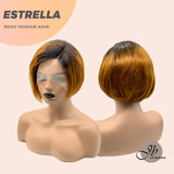 JB EXTENSION Cabello humano real con encaje frontal y corte Pixie de 6 pulgadas en color amarillo mostaza con raíces oscuras ESTRELLA
