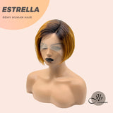JB EXTENSION Cabello humano real con encaje frontal y corte Pixie de 6 pulgadas en color amarillo mostaza con raíces oscuras ESTRELLA