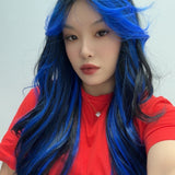 HOT OF SEASON - 28 Inches Long Black With Blue Highlight Wave Wig With Bangs BLUEBERRY