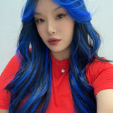 HOT OF SEASON - 28 Inches Long Black With Blue Highlight Wave Wig With Bangs BLUEBERRY