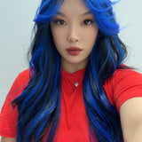 HOT OF SEASON - 28 Inches Long Black With Blue Highlight Wave Wig With Bangs BLUEBERRY